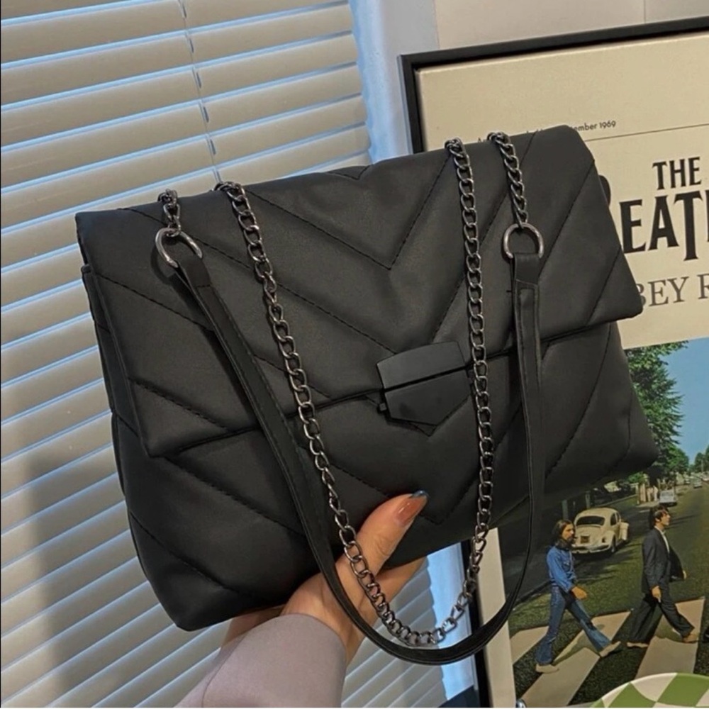 Vegan Leather Black Quilted Shoulder Bag with Chain Straps